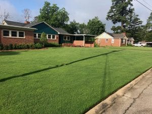 Photo from street of a bermuda lawn in Macon / Warner Robins. Our lawn treatments keep this lawn dark green and weed free